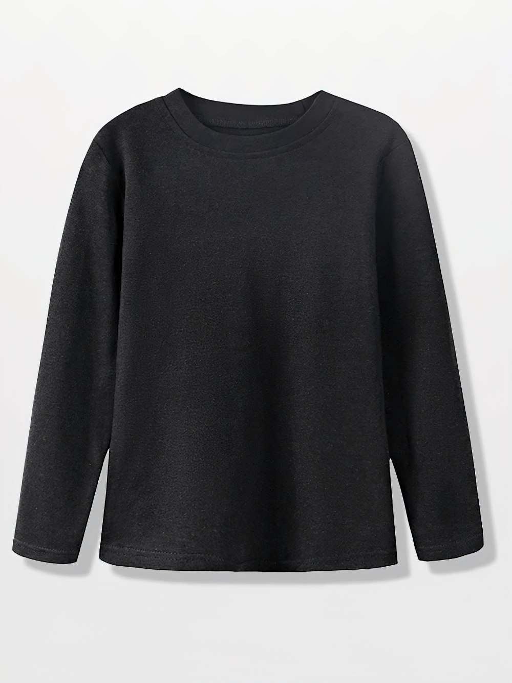 Solid black long-sleeved cotton top with round neckline, perfect for versatile styling and a must-have wardrobe basic.
